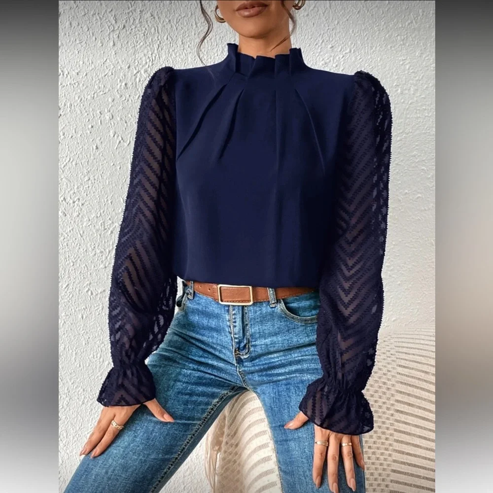 SHEIN Navy Blouse with Sheer Sleeves - Picture 3 of 9